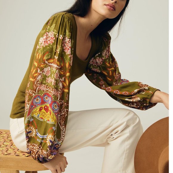 Anthropologie Bl-nk Printed-Sleeve Sweater Top Green Motif - Medium - Picture 2 of 10